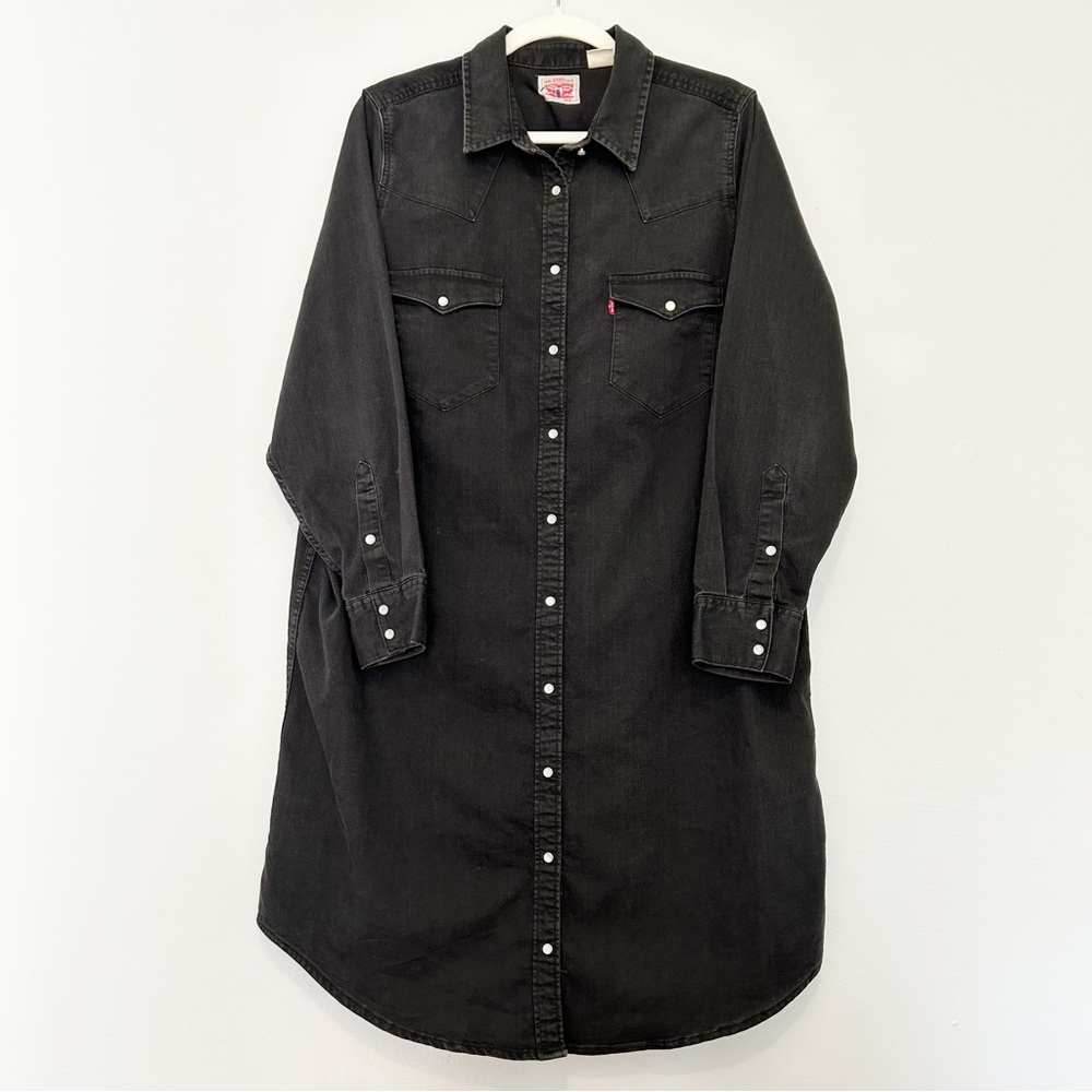 Levi’s Black Denim Iconic Western Long-Sleeve Dress with Pearl Snap Closures